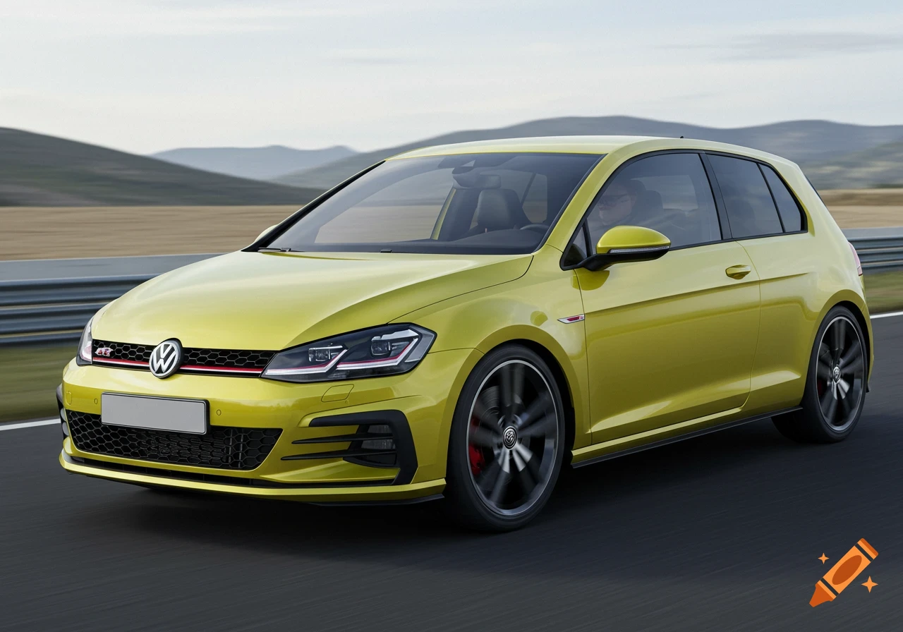 A bright yellow Volkswagen Golf GTI TCR driving on a road with mountains in the background.