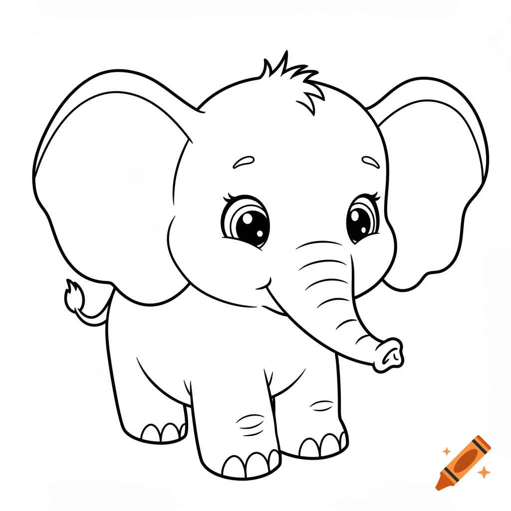 A cute baby elephant cartoon in black and white line art, suitable for a coloring book.