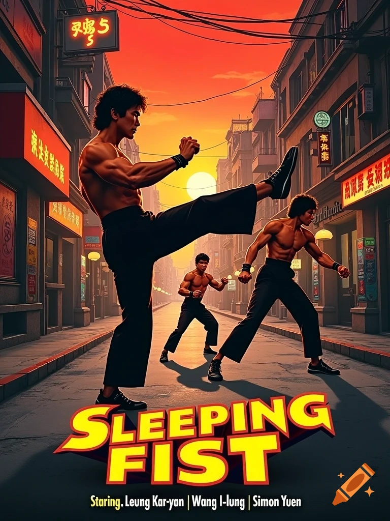 A stylized 1970s kung fu movie poster for 'Sleeping Fist' showing three martial artists in action on a vibrant Hong Kong street at dusk. The main figure is mid-kick with two others in fighting stances behind him. The sky is red-orange with neon signs.