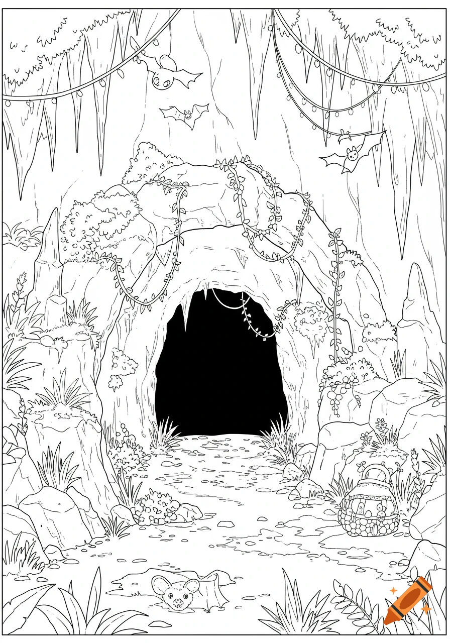 A line art illustration for a coloring book shows a whimsical cave entrance with stalactites, vines, and bats, including tiny bat mittens and a bat character on the ground.