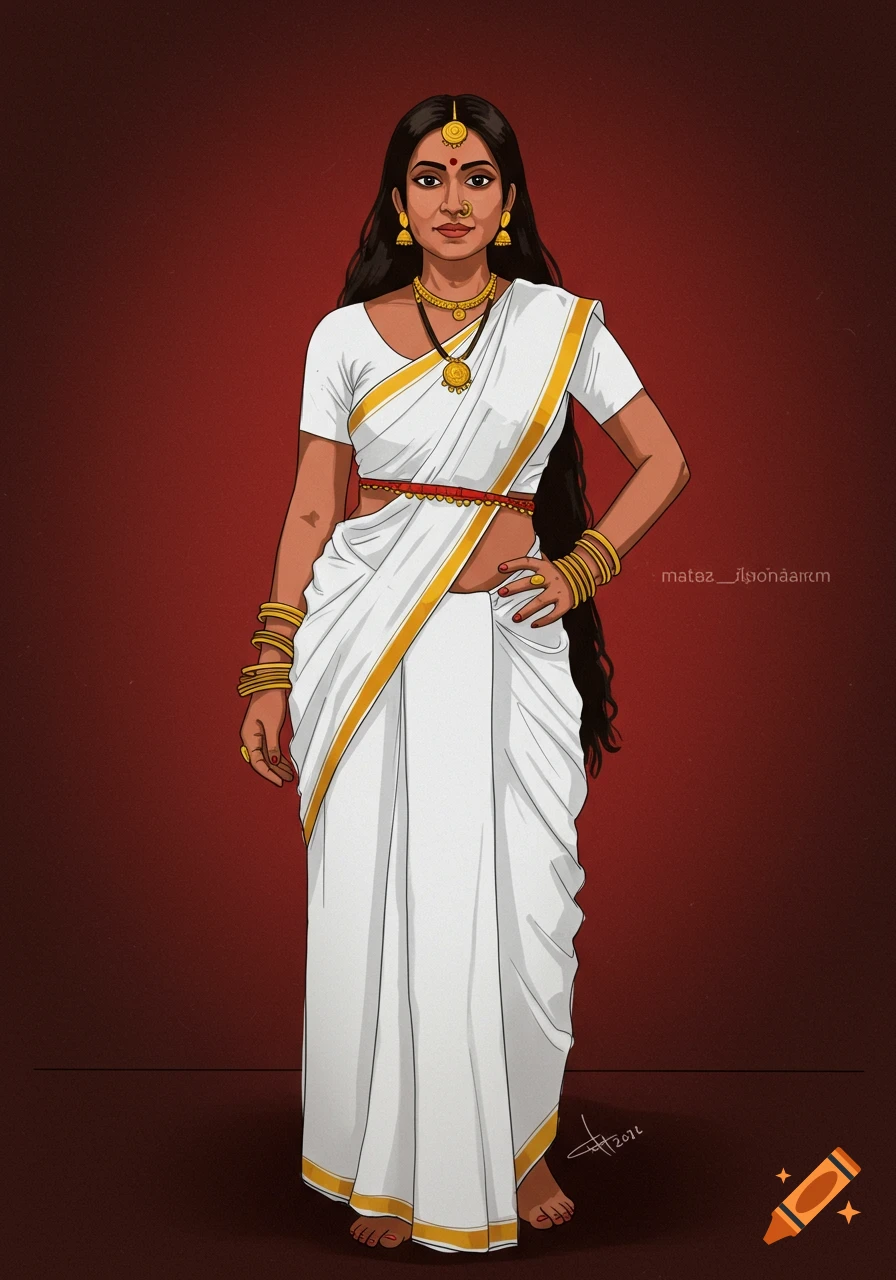 An illustration of a woman in traditional white attire with gold borders and jewelry, standing against a dark red background.