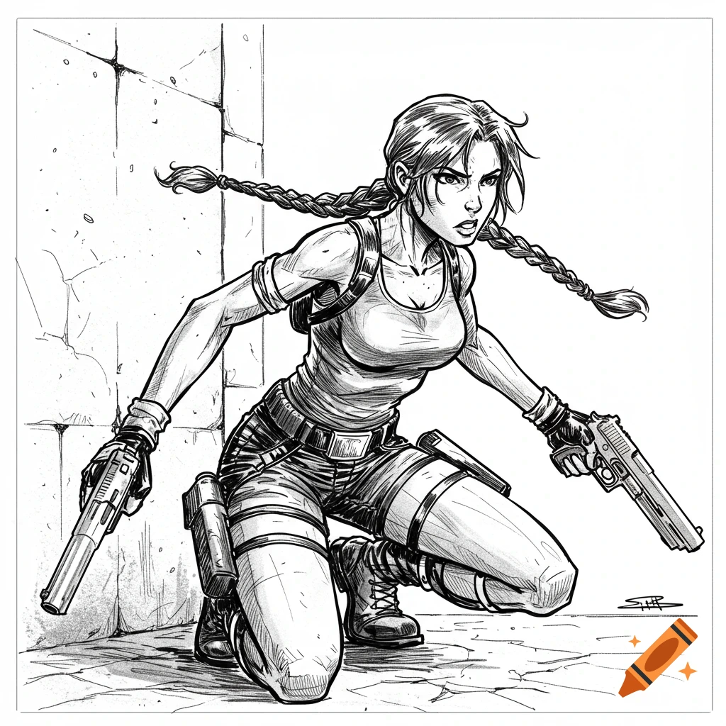 Black and white sketch of Lara Croft in a combat pose, kneeling with two pistols.