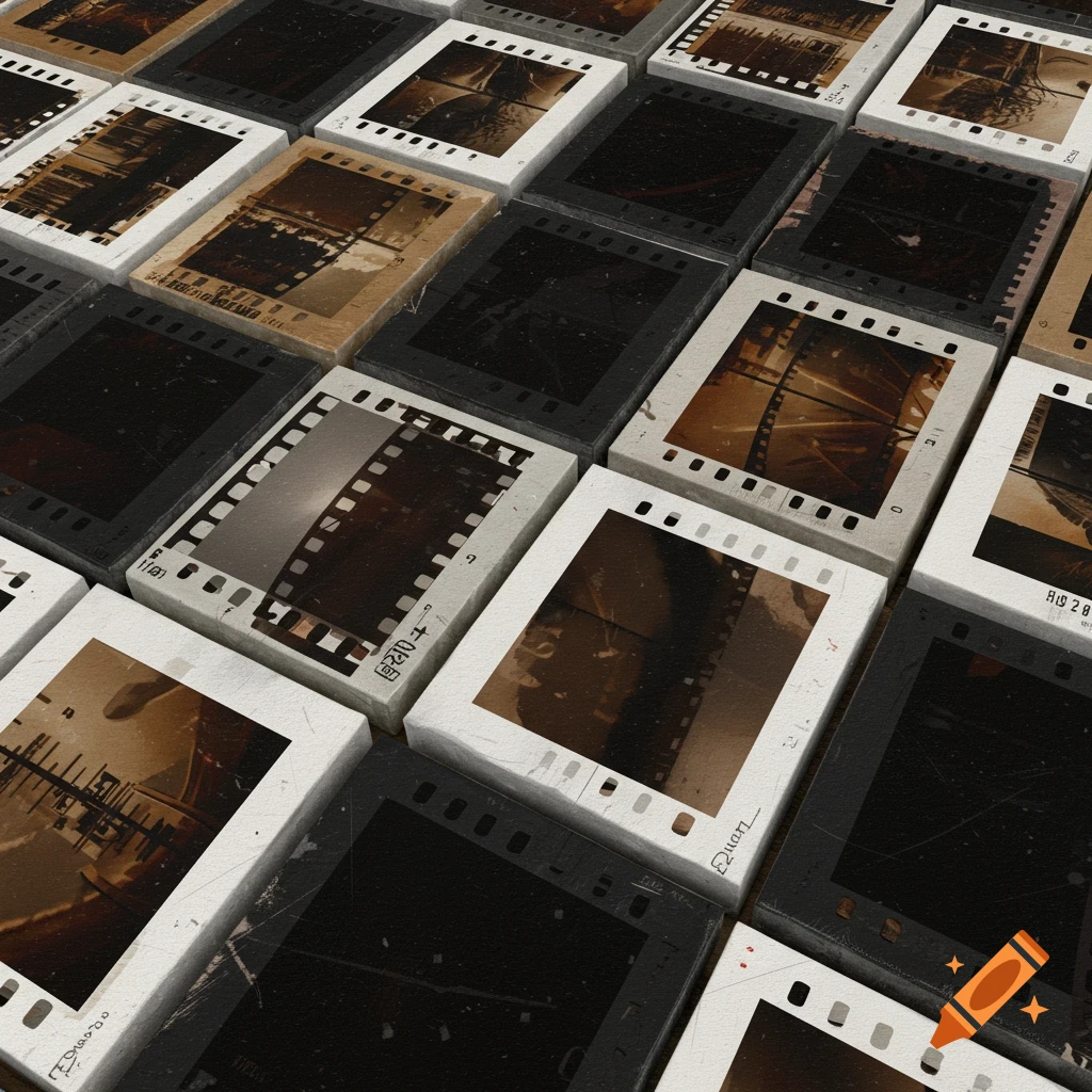 An overhead shot of numerous vintage film negative blocks arranged in a grid pattern, showing sepia-toned and dark images, with distressed textures.