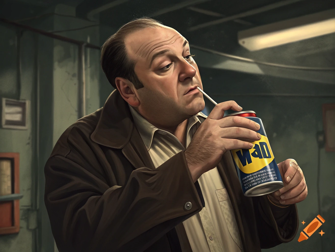 A man resembling Tony Soprano sips from a can with a straw in a dim, gritty setting.