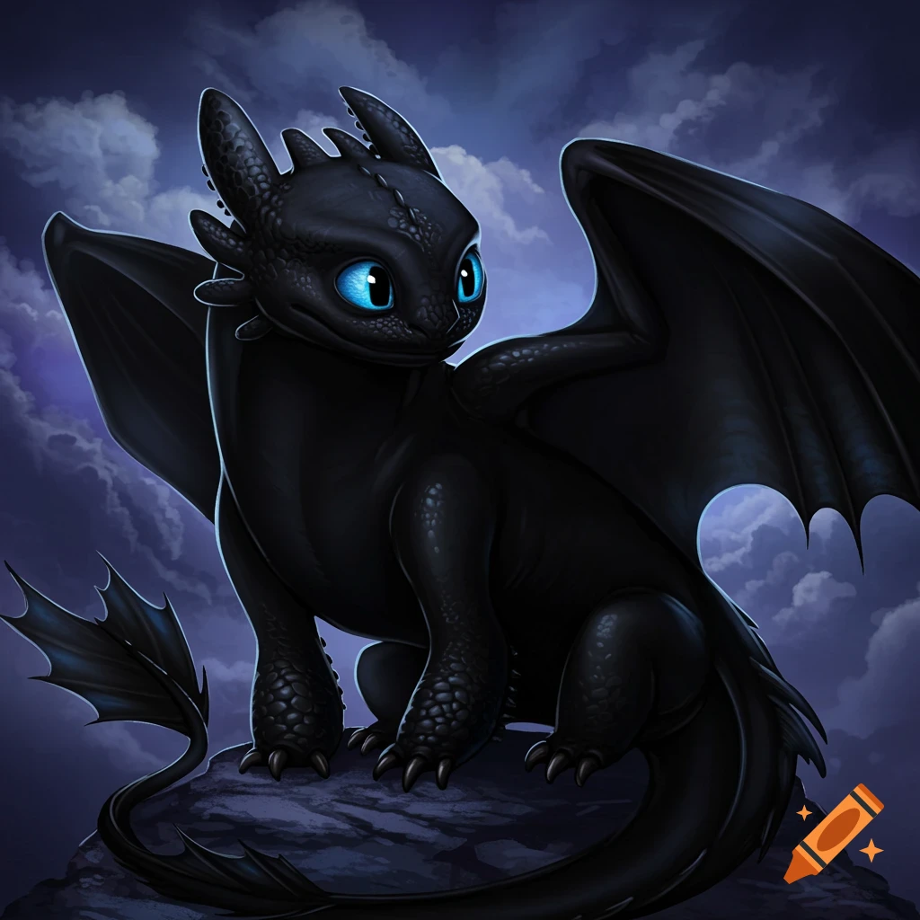 A sleek black dragon with large blue eyes sits on a rock, with dark clouds in the background.