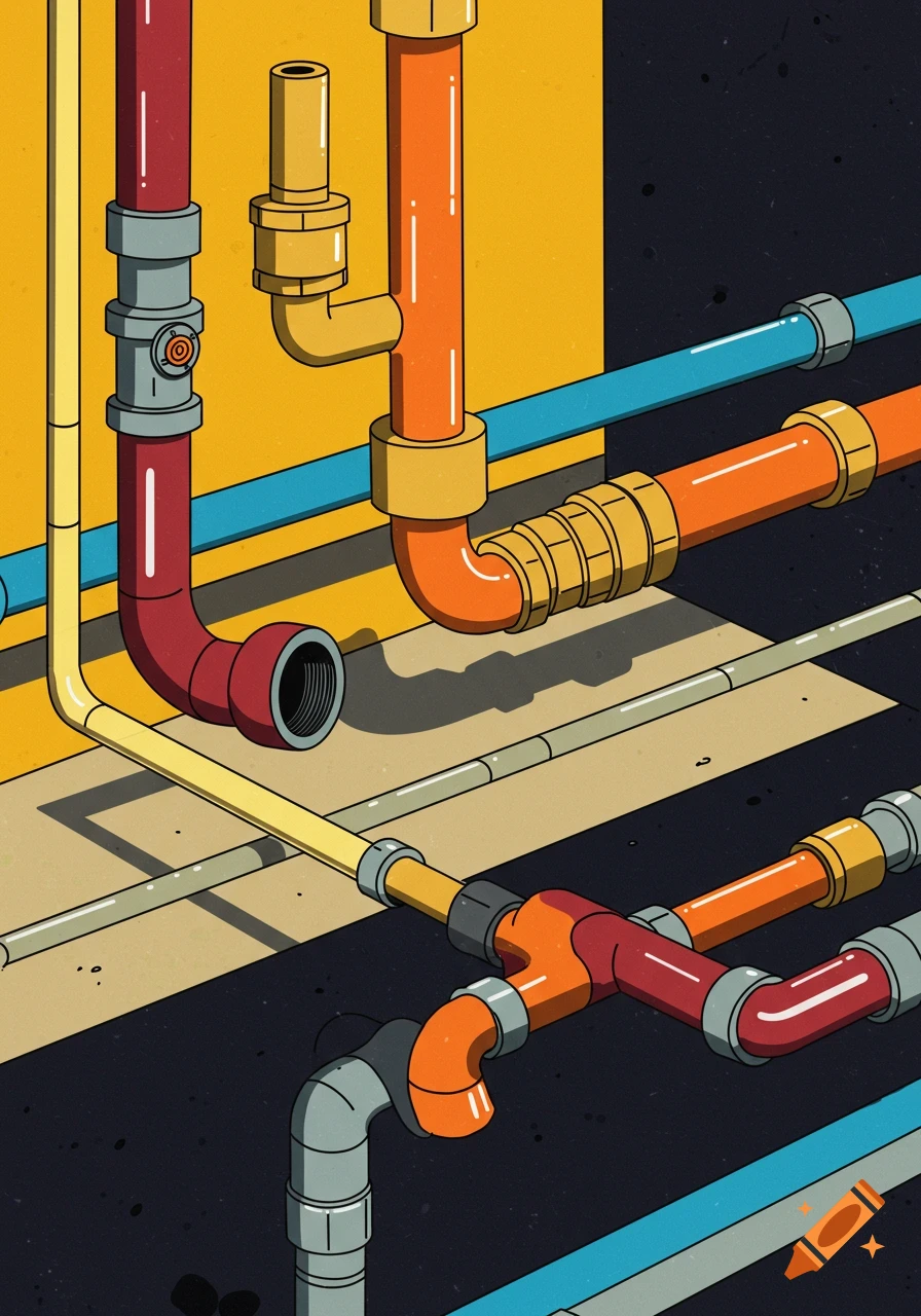 Colorful isometric illustration of a complex plumbing pipe system.