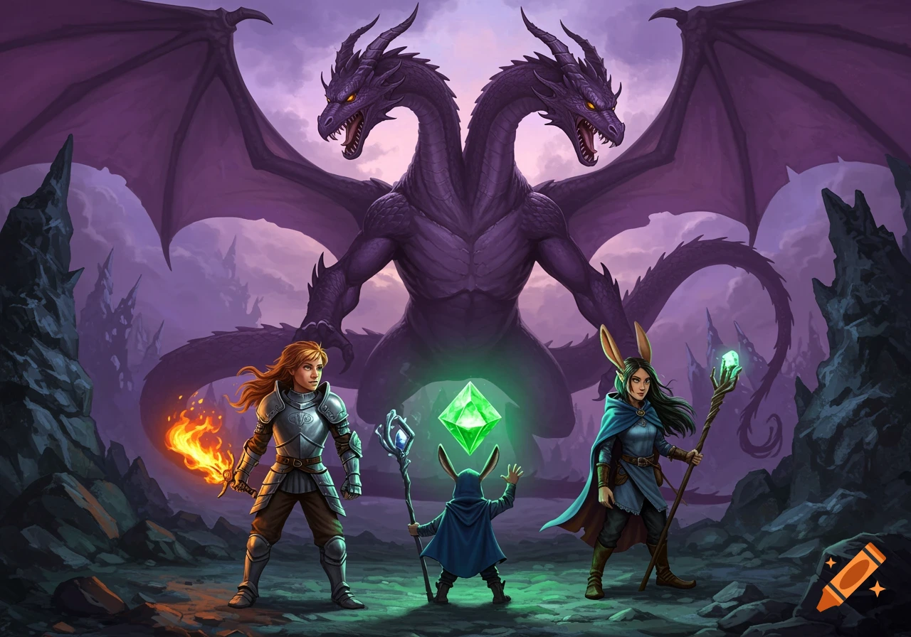 A two-headed purple dragon looms over a knight with a flaming sword, a small hooded munchkin, and a mage with an enchanted staff, confronting a glowing emerald in a fantasy landscape.
