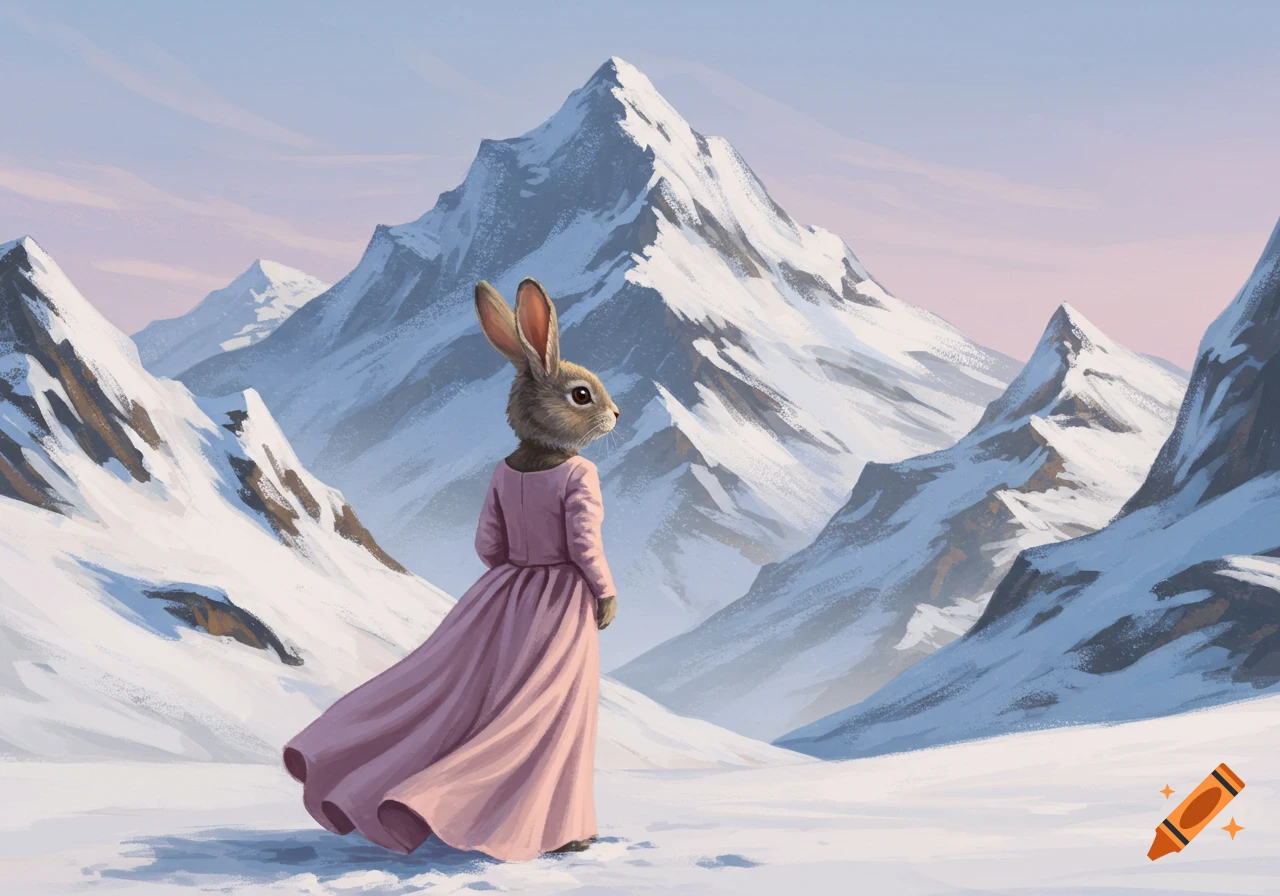 A rabbit in a flowing pink dress stands in a vast snowy mountain landscape.