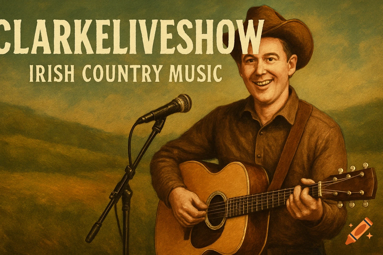 A man in a cowboy hat plays an acoustic guitar with a microphone, against a green background with text 'CLARKELIVESHOW IRISH COUNTRY MUSIC' in a vintage poster style.