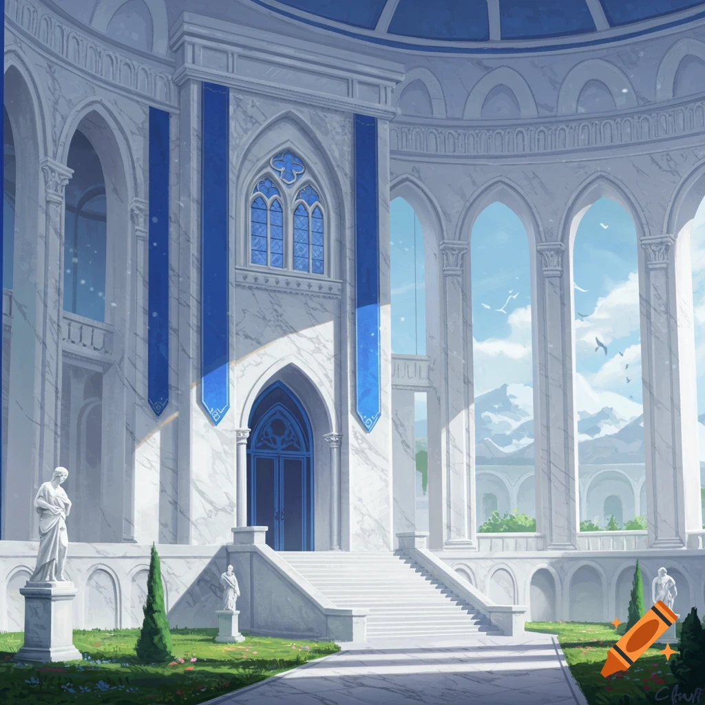 A grand, white marble building with blue accents, featuring a large entrance, arched windows, and a garden with statues under a bright sky.