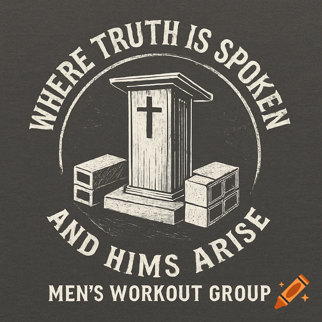 A distressed white graphic design on a dark background showing a pulpit with a cross, two cinder blocks, and text reading 'WHERE TRUTH IS SPOKEN AND HIMS ARISE MEN'S WORKOUT GROUP' within a circle.