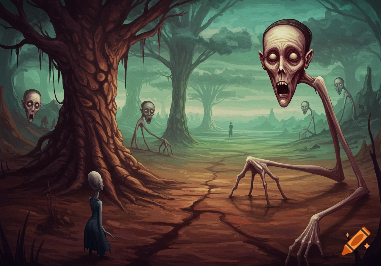 A creepy, gaunt humanoid figure with a large head and stretched limbs in a swampy forest with other similar creatures.