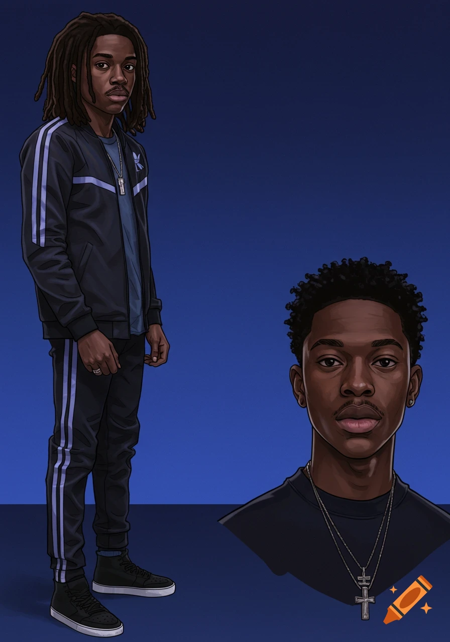 An illustration of two young Black men on a blue background. One stands full-body with dreadlocks, wearing a dark track suit. The other is a close-up bust shot, with short curly hair, wearing a dark shirt and two cross necklaces.