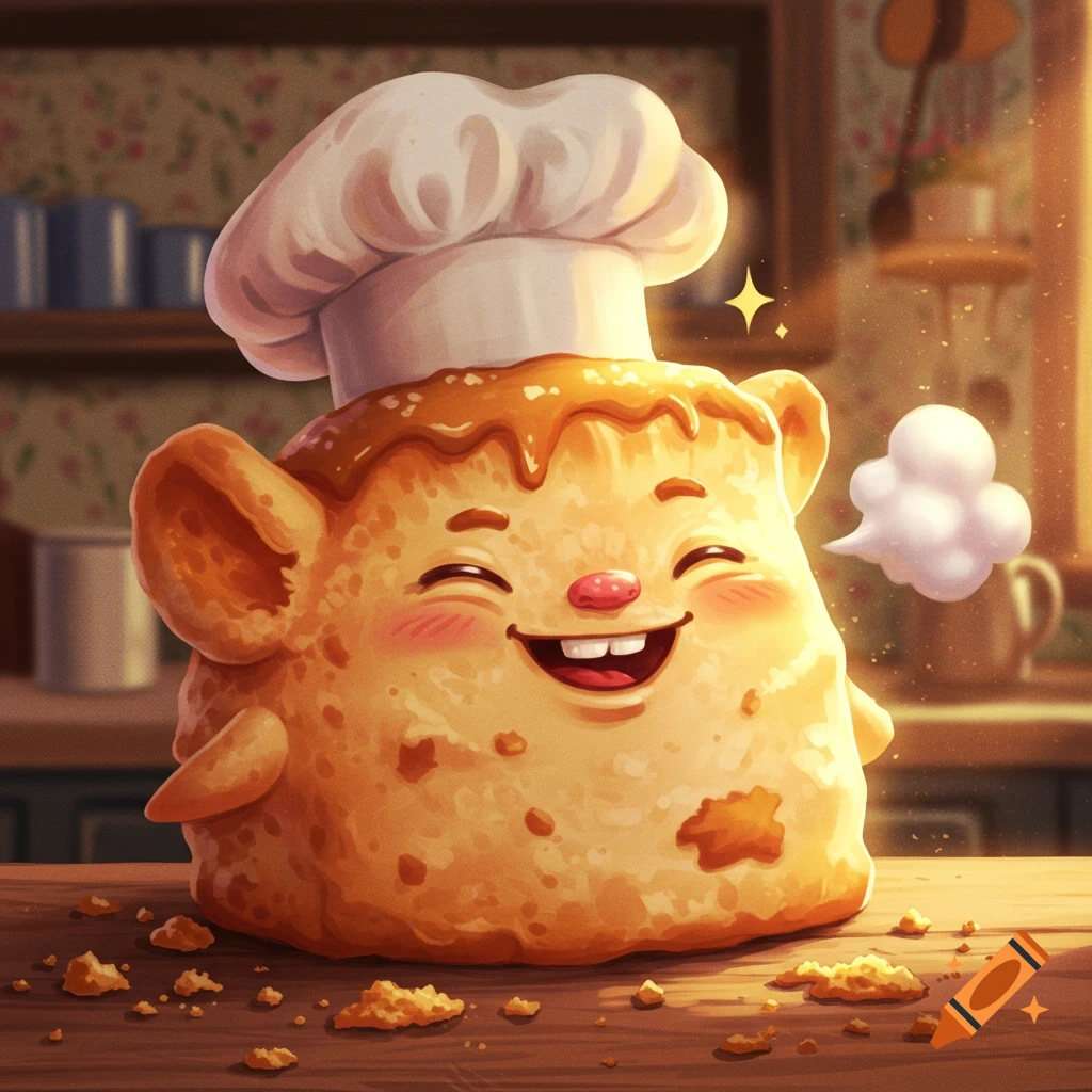 A happy, cartoon scone character wearing a chef's hat sits on a wooden counter with crumbs.