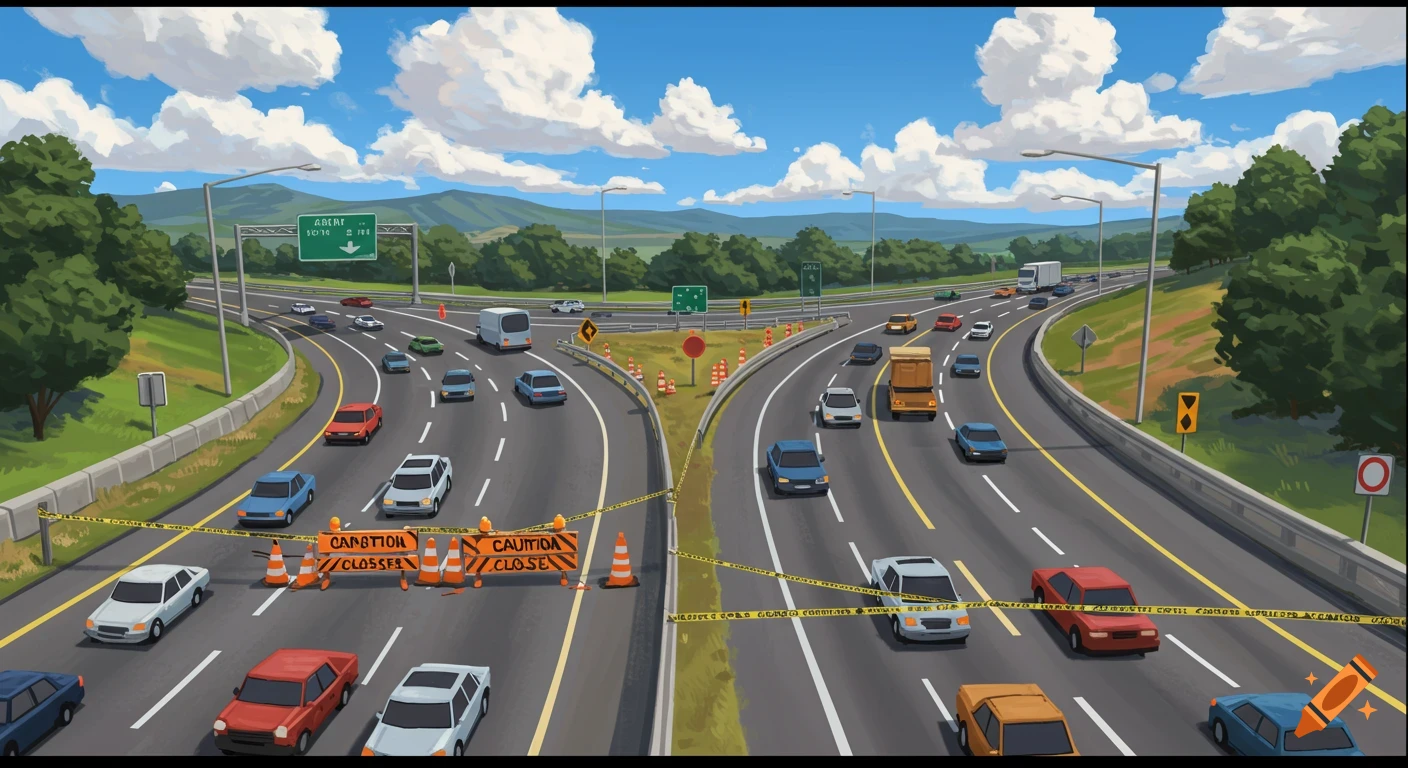 An illustrative overhead view of a highway y-juncture. One side is closed off with orange barriers and yellow caution tape, while the other side has cars driving on it. Green trees and mountains are in the background under a blue sky with white clouds.
