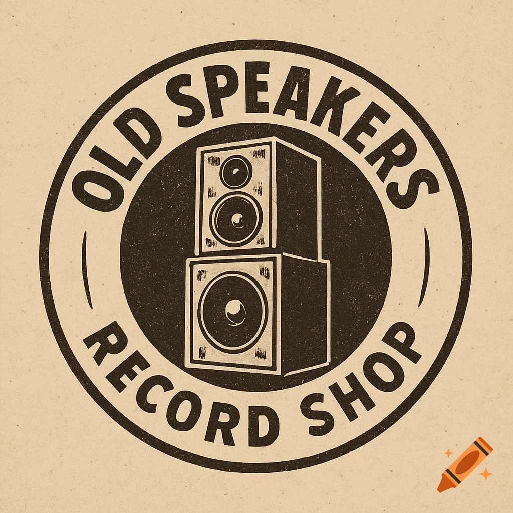 A vintage-style circular logo features "OLD SPEAKERS" at the top curve and "RECORD SHOP" at the bottom curve, with two stacked old speakers in the center, all on a textured beige background.