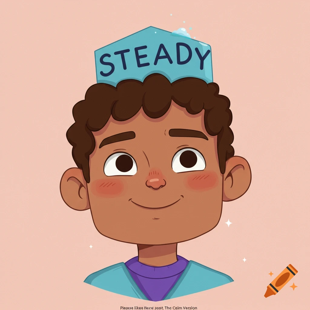 A smiling cartoon boy with brown curly hair and blush on his cheeks, wearing a blue hexagonal hat that says "STEADY" on it.