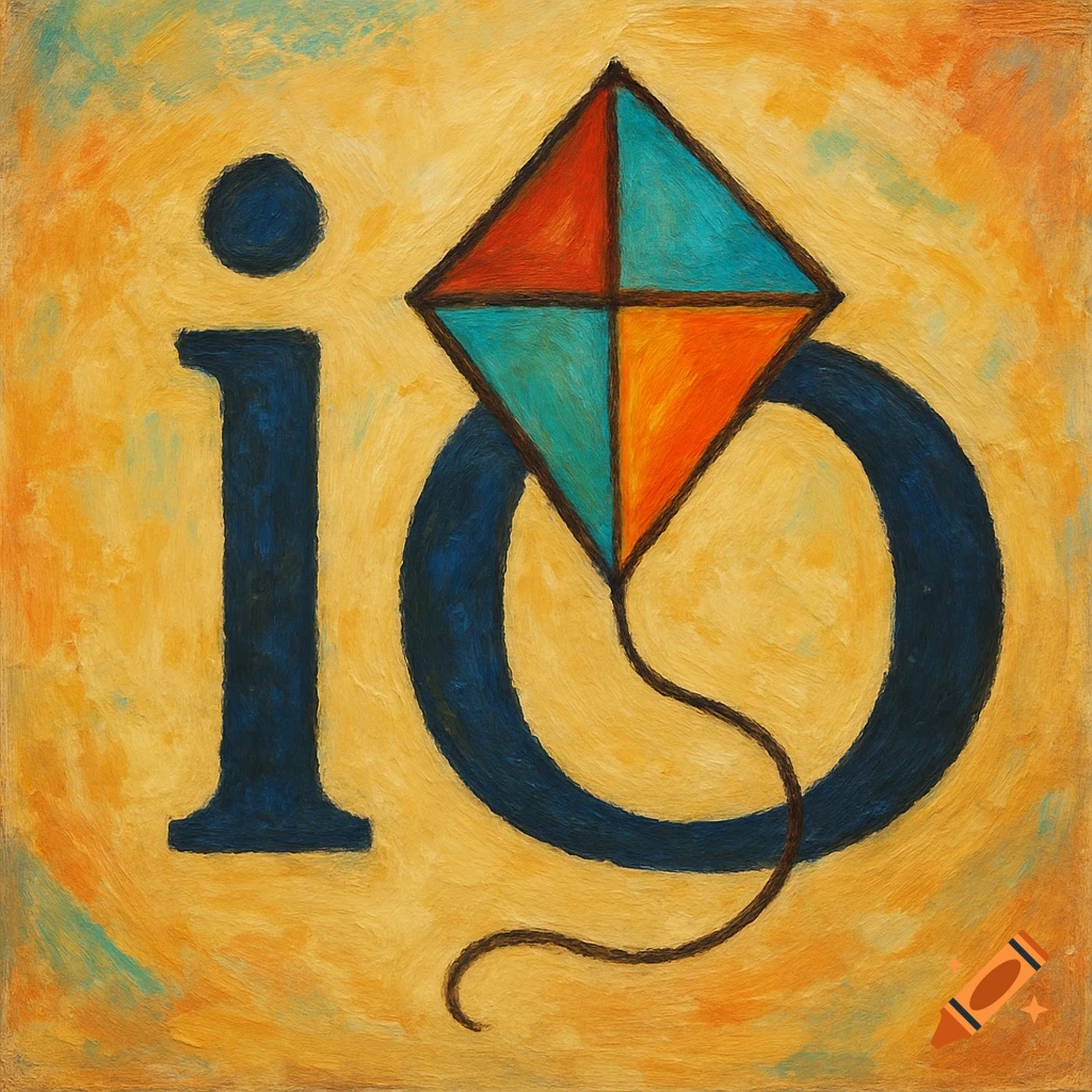 A painterly logo featuring a dark blue lowercase 'i' and 'o' with a colorful red and blue kite integrated into the 'o'.