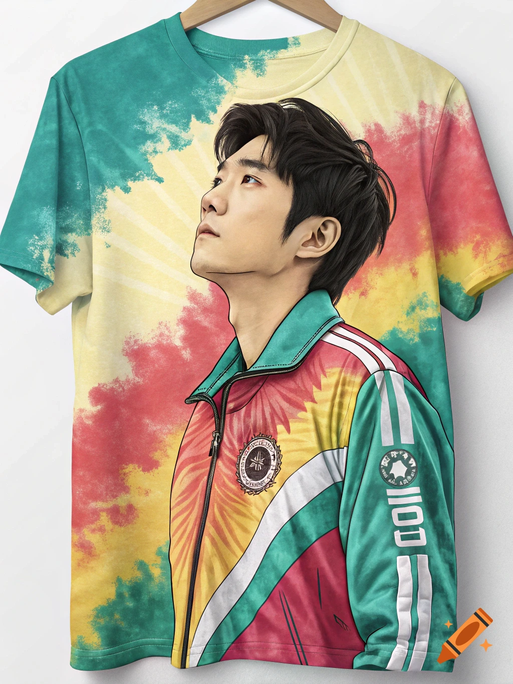 An illustrated man in a colorful tie-dye t-shirt and track jacket looking up, on a hanger.