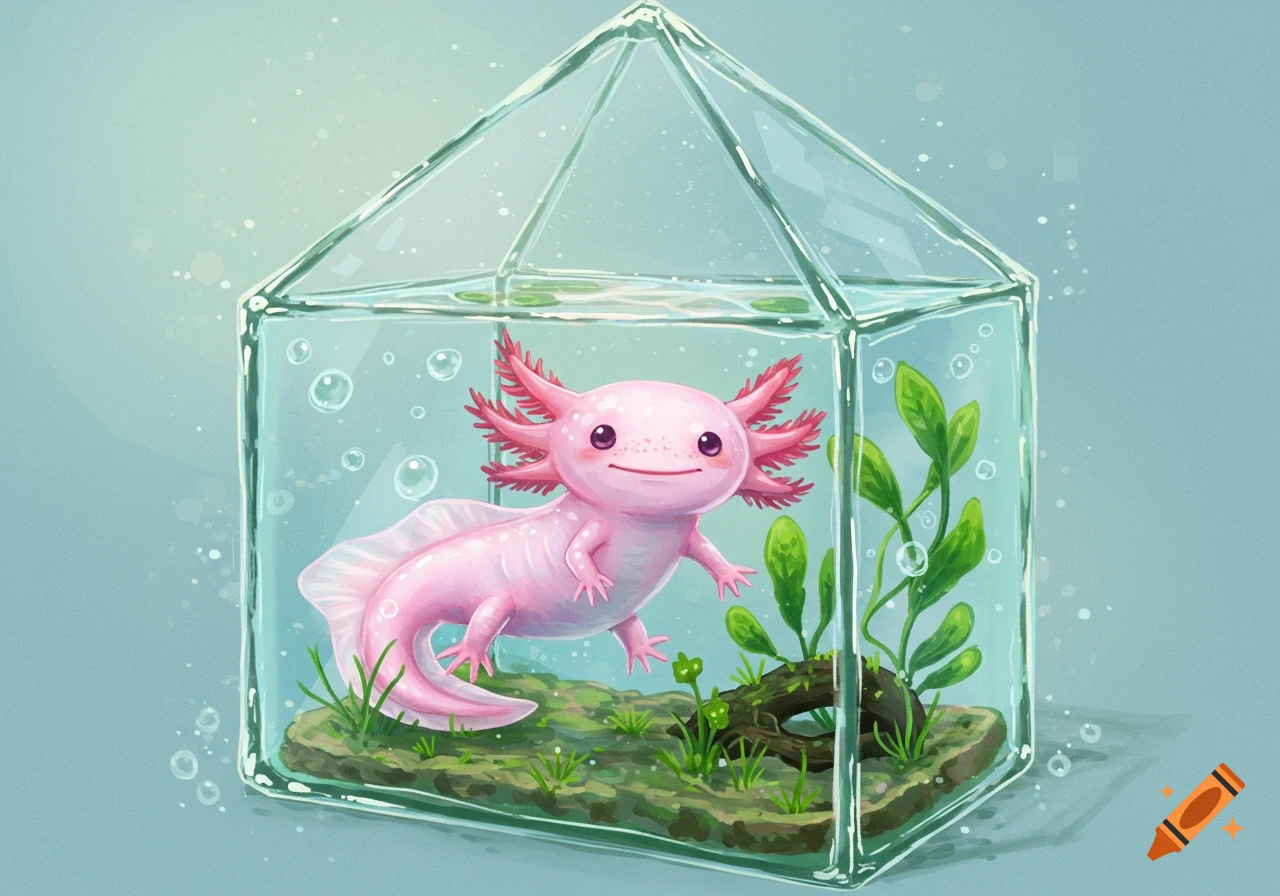 A cute pink axolotl with feathery gills floats inside a glass house filled with water, green plants, and bubbles.