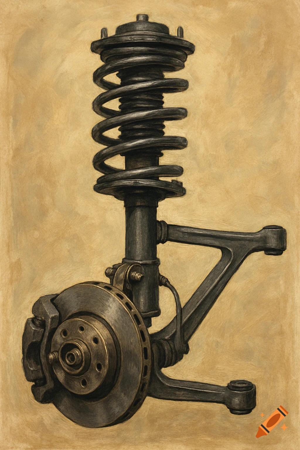 A detailed illustration of a dark grey MacPherson strut suspension system with a brake disc and caliper against a beige background.
