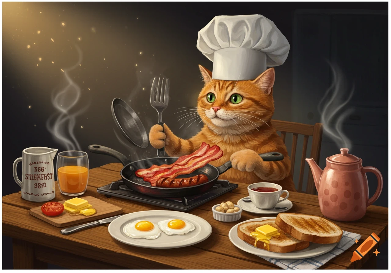 A cartoon ginger cat wearing a chef's hat cooks bacon and sausage in a pan, with other breakfast items on a wooden table.