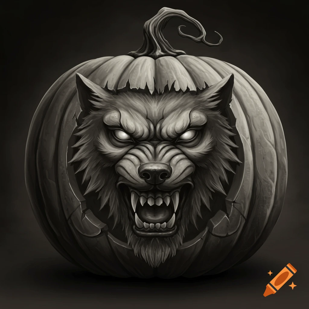 Black and white illustration of a jack-o-lantern carved with a snarling werewolf face and glowing eyes.