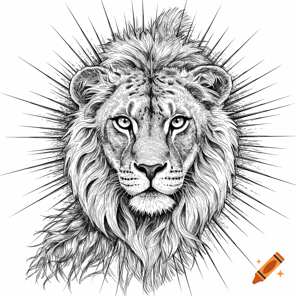 A detailed black and white line art drawing of a lion's head with a spiky mane, suitable for a coloring book.