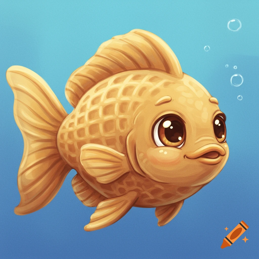 A cute, cartoon-style goldfish with large eyes and a waffle-like texture swimming in blue water.