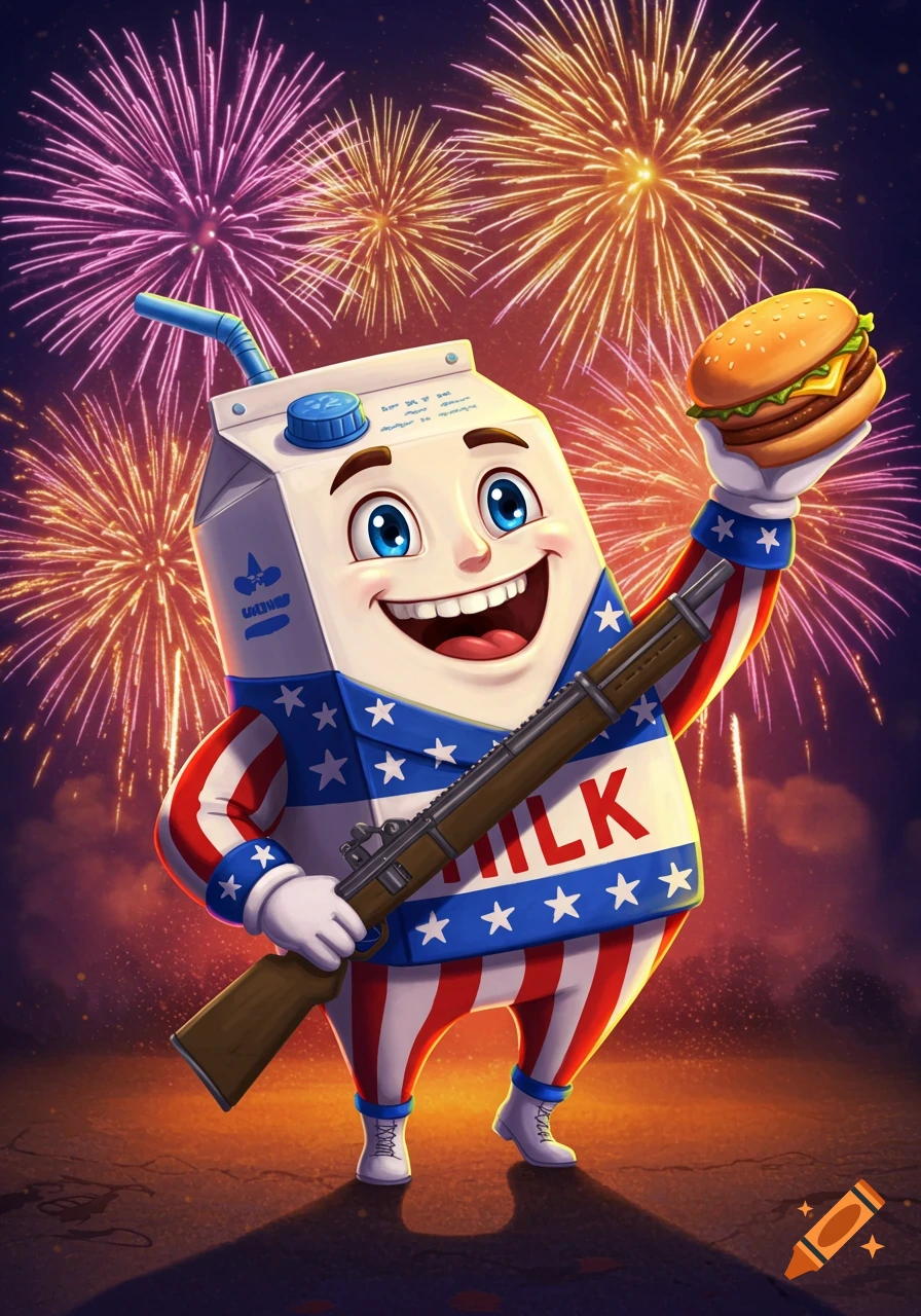 An anthropomorphic milk carton character, dressed in a patriotic red, white, and blue Uncle Sam outfit, holds a rifle in one hand and a hamburger in the other, set against a vibrant fireworks display.
