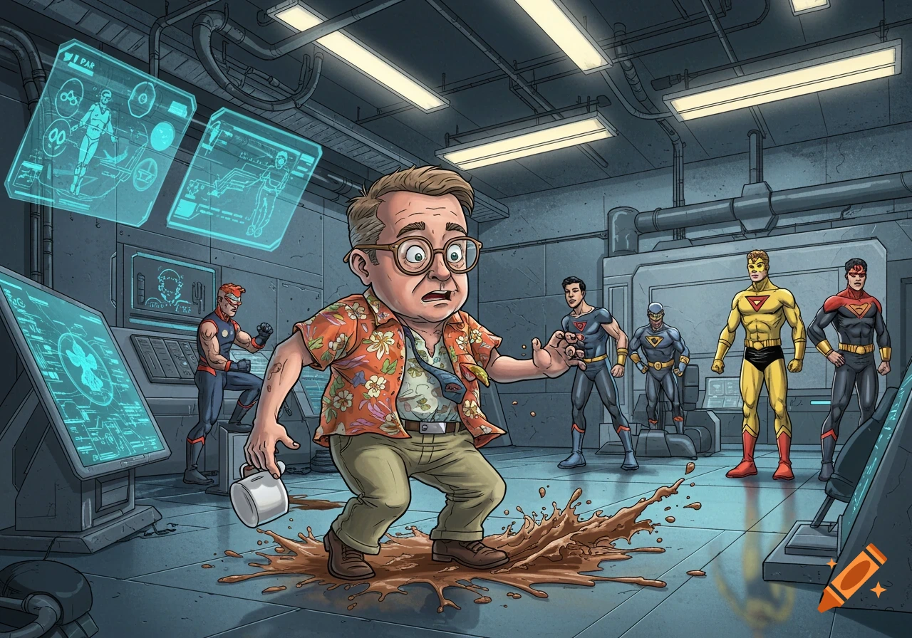 A clumsy man spills coffee in a superhero training facility, as several superheroes look on in this comic book illustration.