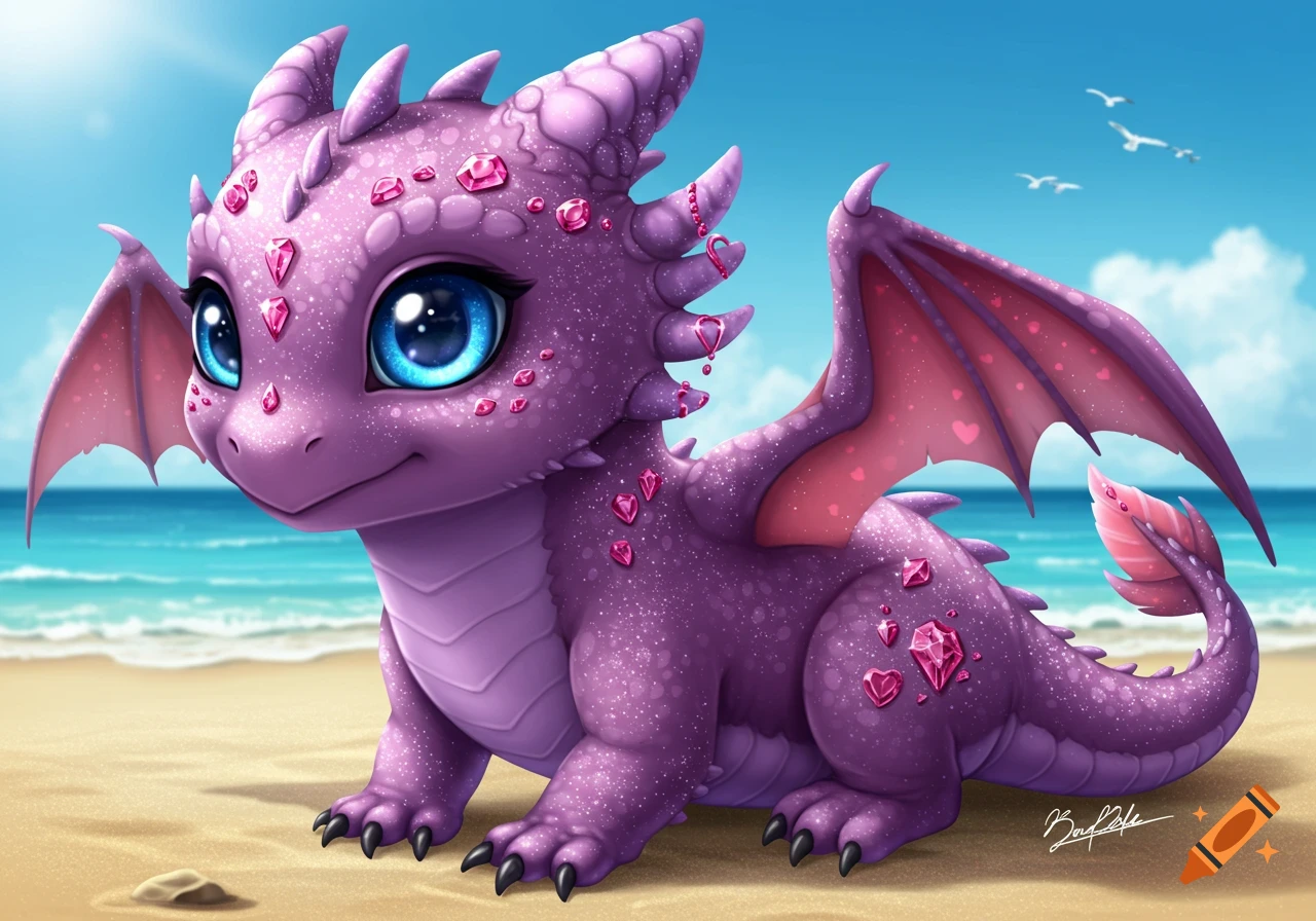 A cute purple baby dragon with large blue eyes, glitter, diamonds, and heart shapes sitting on a sandy beach by the ocean.