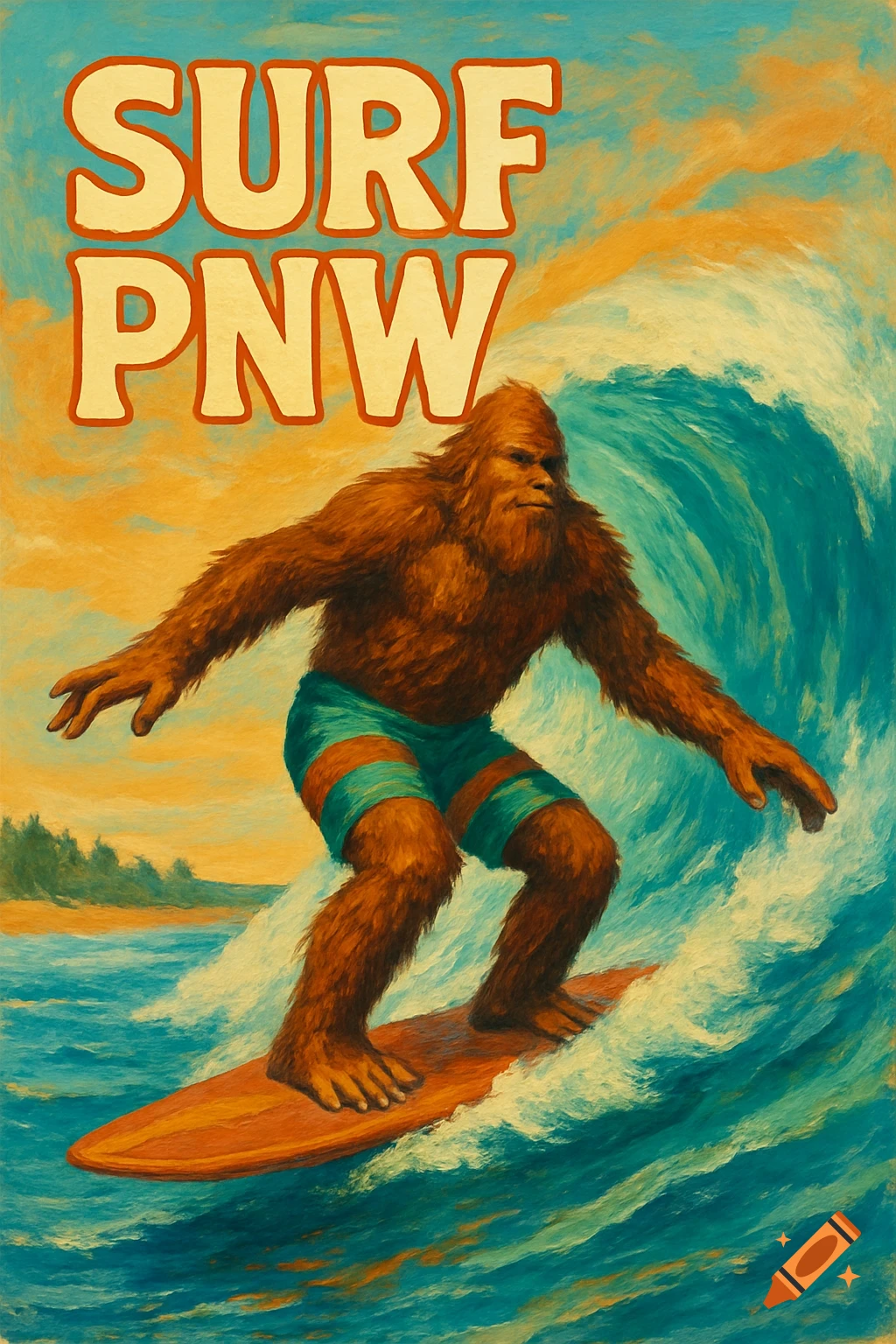 A retro-style poster showing a brown Sasquatch in board shorts surfing a large ocean wave, with "SURF PNW" text above.