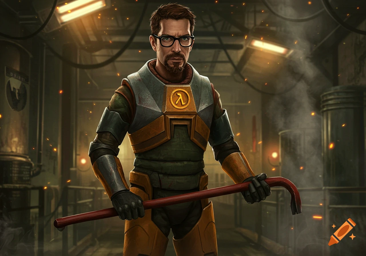 A realistic portrayal of Gordon Freeman from Half-Life, wearing his HEV suit and black glasses, holding a crowbar in a dark, industrial setting with sparks.
