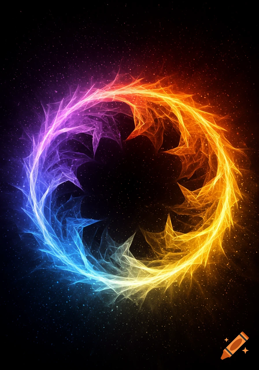 A circular, swirling pattern of glowing light, transitioning from blue and purple to orange and yellow, on a dark, starry background.
