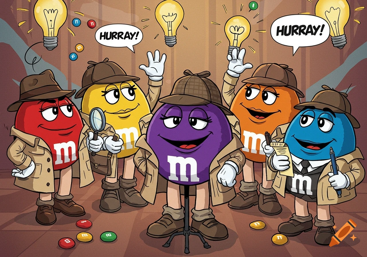M&M characters in detective outfits with lightbulbs, happy about a new idea in a cartoon art style.
