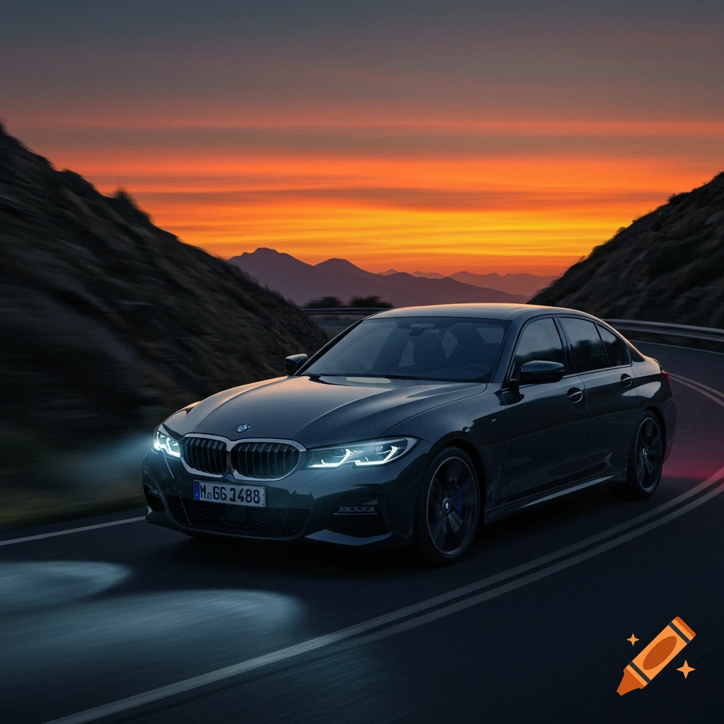 A dark-colored BMW 3 Series sedan drives on a winding mountain road at sunset, with its headlights on.