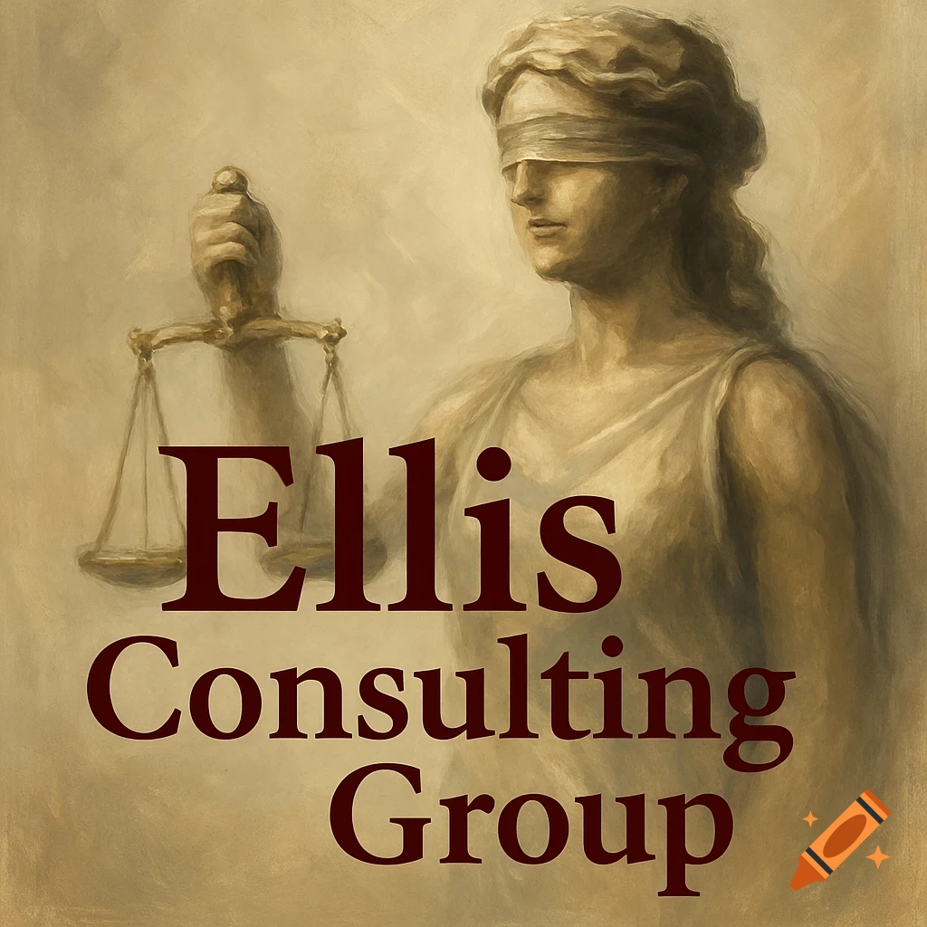 A painting of a blindfolded Lady Justice holding scales, with "Ellis Consulting Group" in dark red text.