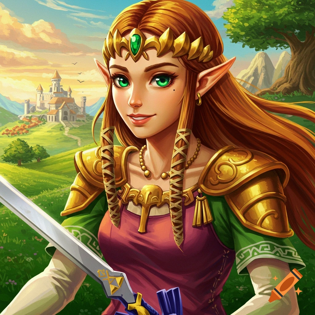 A close-up, vibrant illustration of Princess Zelda from The Legend of Zelda, holding a sword, set against a green landscape with a castle in the background.