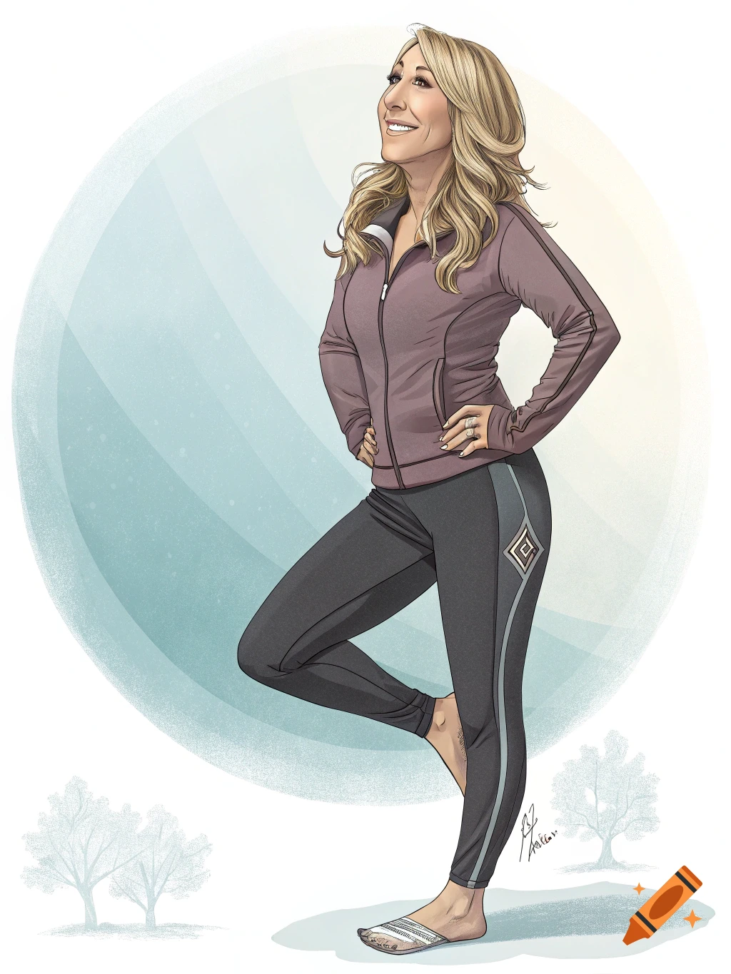 Illustrated blonde woman in a purple jacket and yoga pants, standing on one leg and smiling against a light blue background.