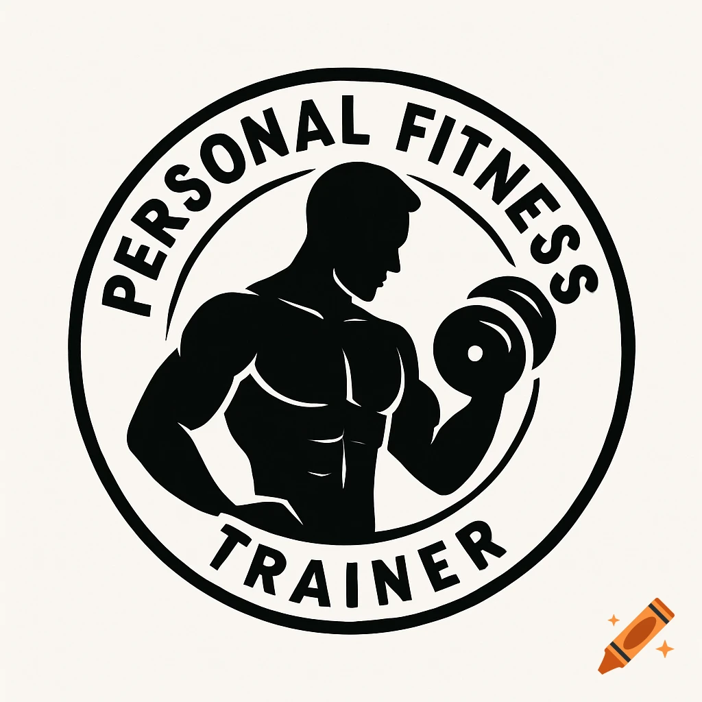 Black and white logo of a muscular male silhouette lifting a dumbbell, with 'PERSONAL FITNESS TRAINER' text.