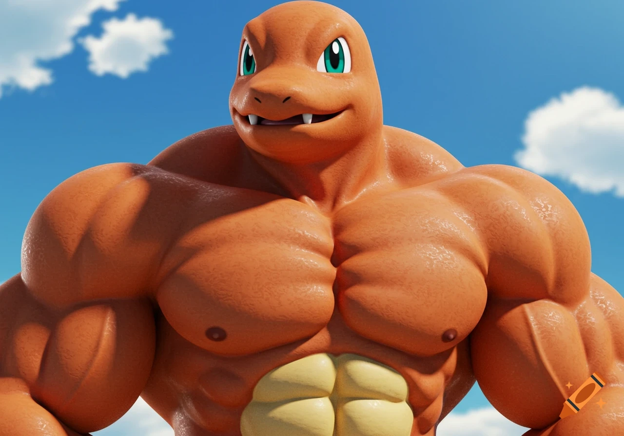 A 3D CGI cartoon of a heavily muscled, smirking Charmeleon against a blue sky with clouds.