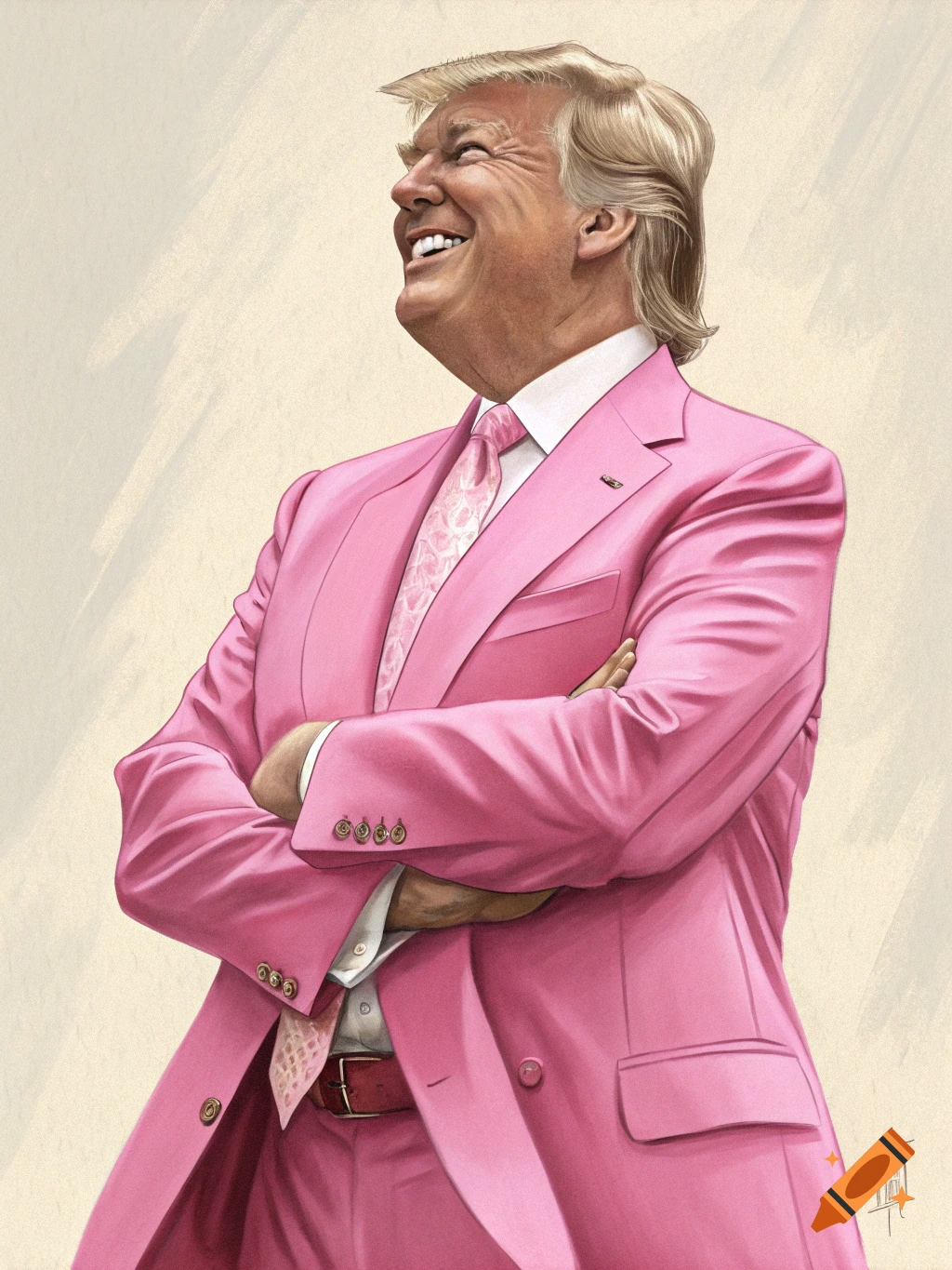 Caricature of Donald Trump smiling, dressed in a bright pink suit with arms crossed.