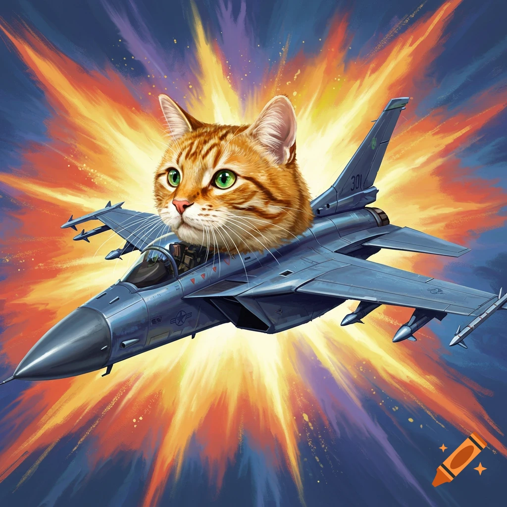 An orange tabby cat's head replaces the cockpit of a blue fighter jet, flying against an explosive, colorful sky in an illustrative style.