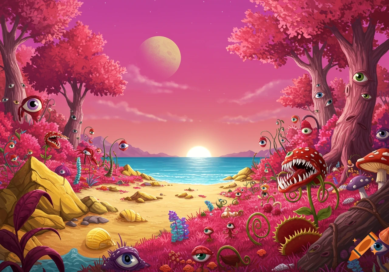 A vibrant alien beach scene with pink sand, pink trees with eyes, and large red Venus flytraps. A blue ocean meets the shore under a magenta sky with a yellow moon and a sunrise.