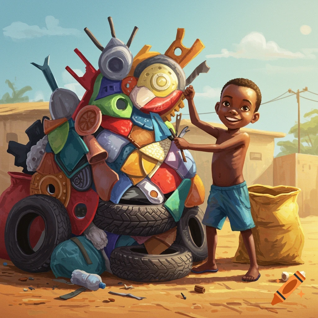 A smiling African boy stands next to a large, colorful sculpture made from recycled trash in a sunny, outdoor setting.