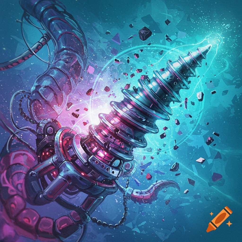 A vibrant, futuristic mechanical drill glows with pink and blue energy, surrounded by debris, connected to a segmented tube.