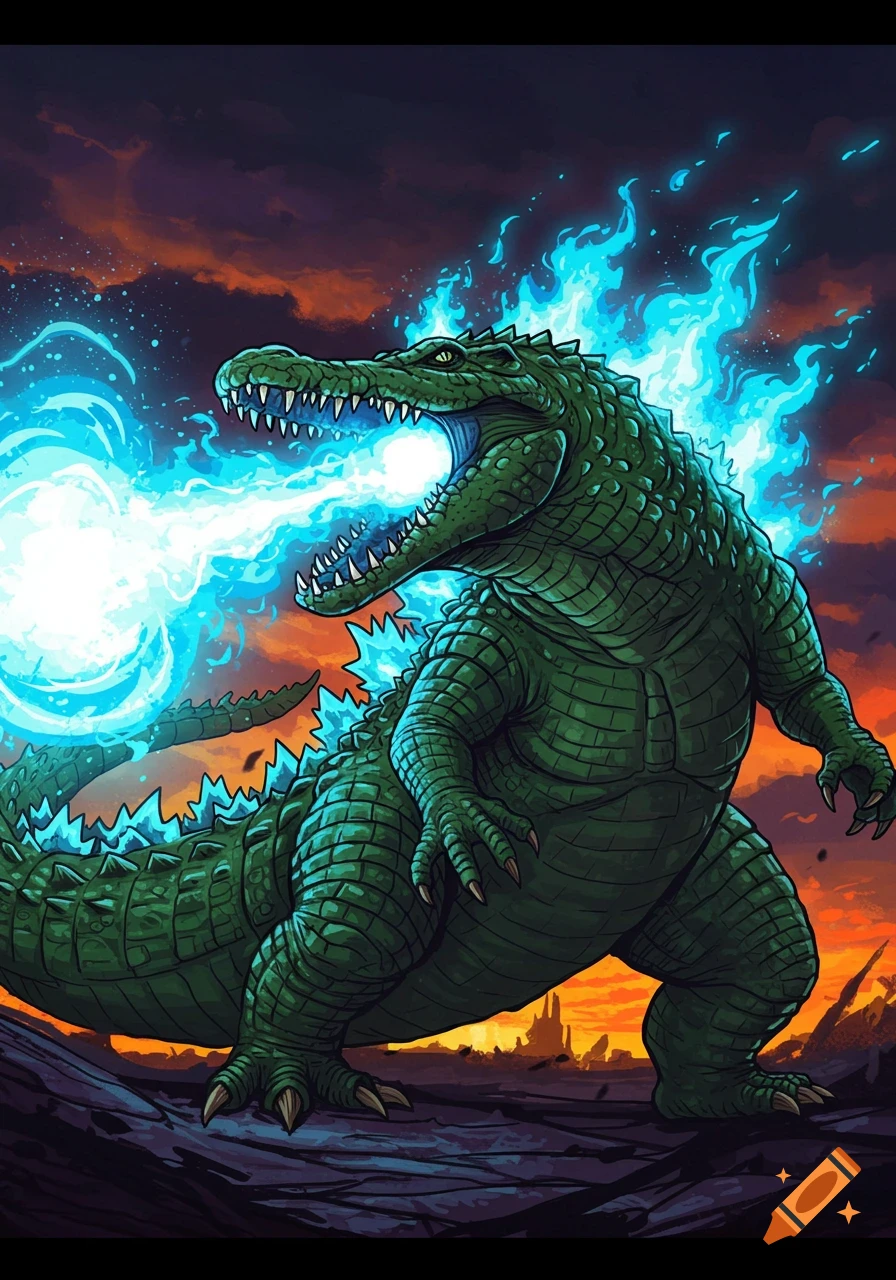A giant green crocodile kaiju breathes blue fire, with blue flames on its back, against a stormy sky.