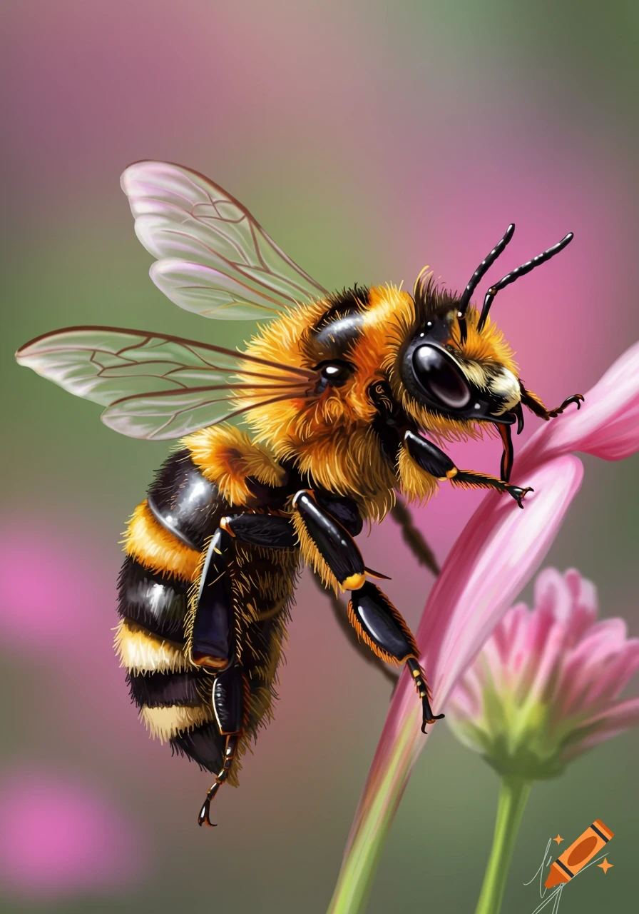 A detailed illustration of a fuzzy bee perched on a pink flower.