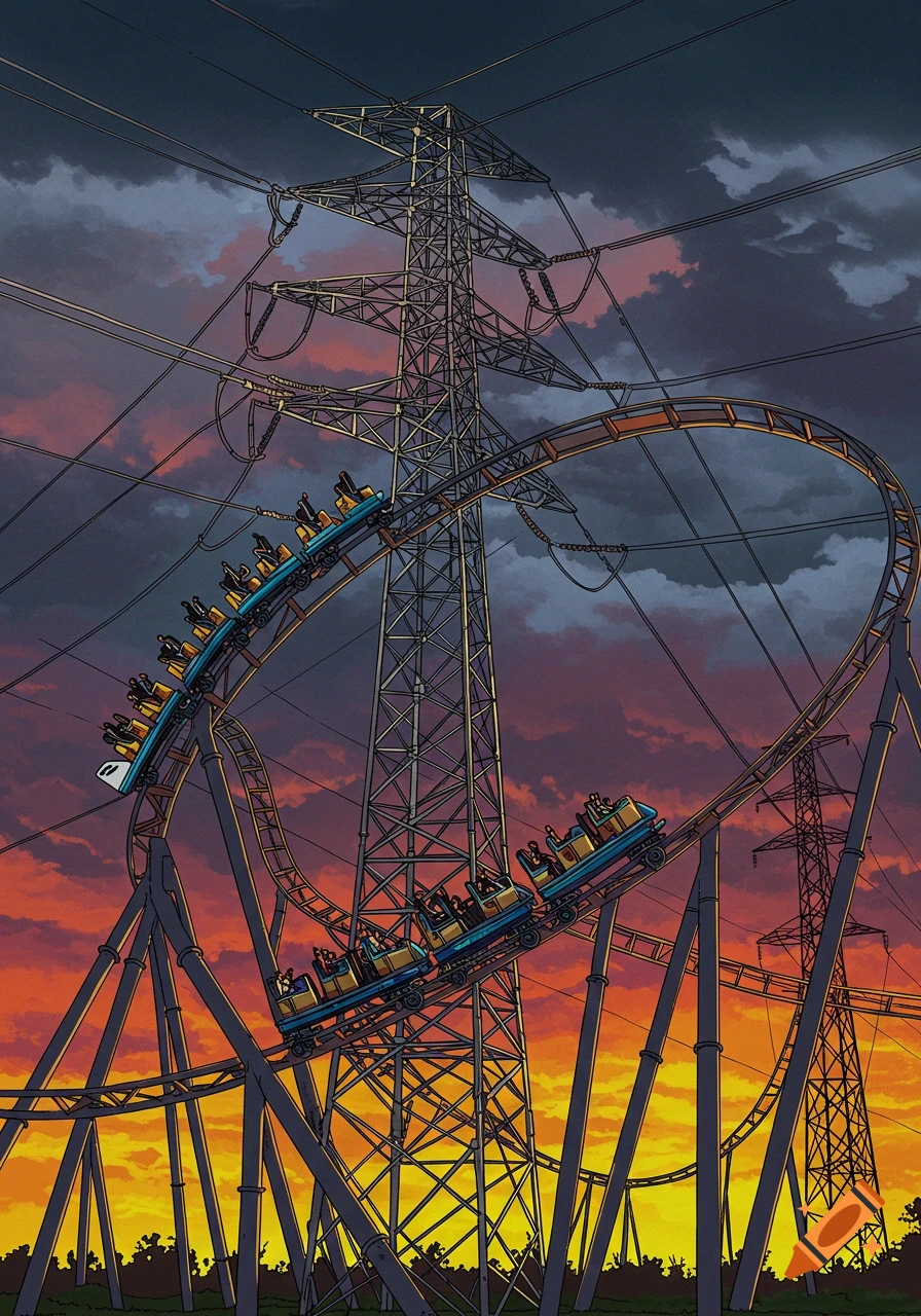 Illustrated rollercoaster looping around power lines against a dramatic sunset sky.